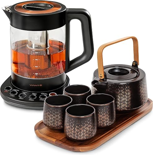Viante Luxury Tea Set, Electric Kettle With Infuser, Gift for Tea Lovers | Borosilicate glass body plus ceramic teapot, 4 ceramic cups & bamboo tray. No plastic ever touches your water