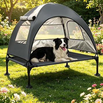 Elevated Dog Bed, Large Raised Dog Cot with Removable Shade Canopy for Large Dogs, Outdoor Portable Pet Tent with Breathable Mesh for Camping, Beach, Patio Dark Gray, 42" L x 30" W x 33" Th