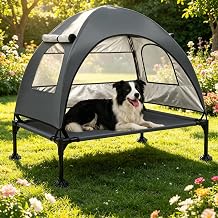 Elevated Dog Bed, Large Raised Dog Cot with Removable Shade Canopy for Large Dogs, Outdoor Portable Pet Tent with Breathable Mesh for Camping, Beach, Patio Dark Gray, 42" L x 30" W x 33" Th