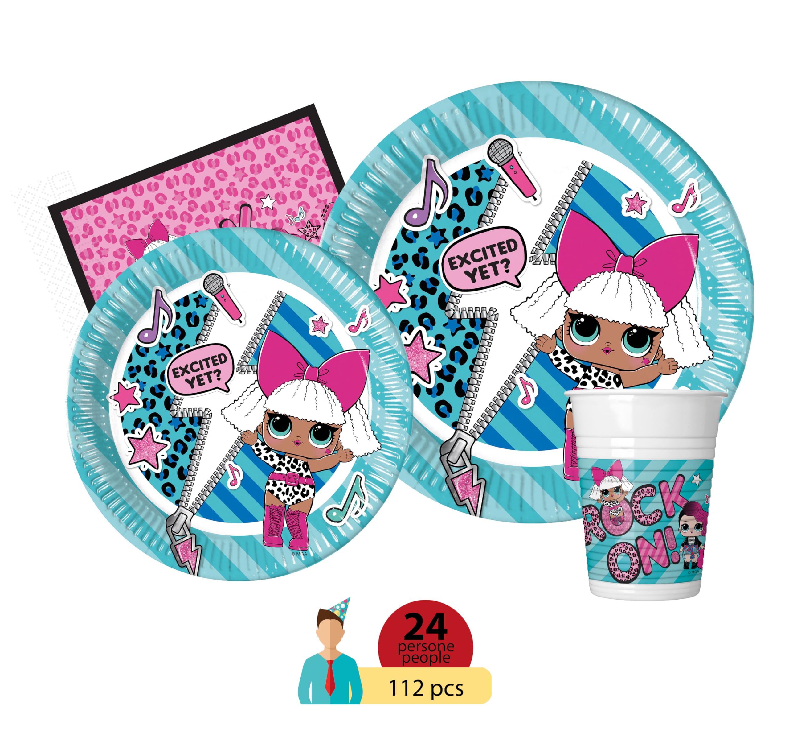 Kit Party Tavola L.O.L. Surprise! Rock On! per 24 persone (112 pezzi: 24 piatti Ø23cm, 24 piatti Ø20cm, 24 bicchieri 200ml, 40 tovaglioli 33x33cm)