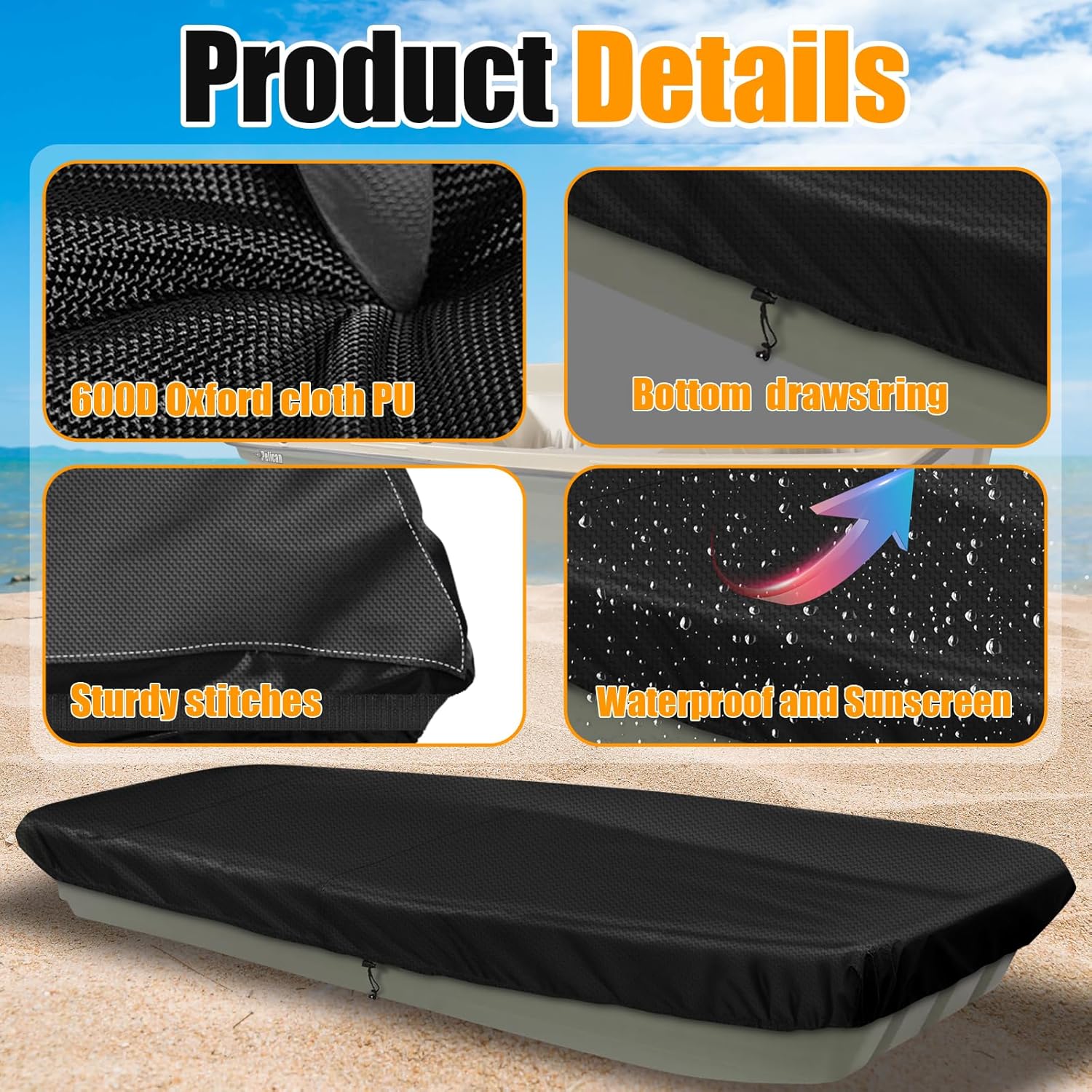 Boat Cover Fits 10-12ft Pelican Fishing Boats, Heavy-Duty 600D Oxford Cloth Hull Mooring Boat Covers Waterproof, UV Resistant, Dust-Proof, Marine Grade Polyester Mooring Cover