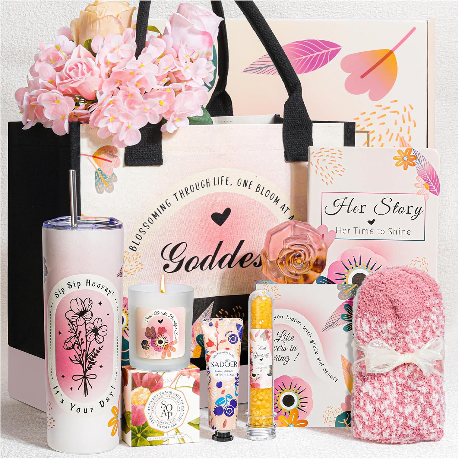 Christmas Gifts for Women,Blooming Style Inspirational Gift Baskets for Women,Tote Bag Tumbler Relaxing Spa Gift for Her Wife Sister Bestie Mom