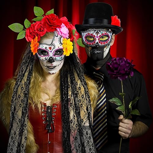 Miniatura 4 de Juego de 4 accesorios para el Día de los Muertos, corona de rosas y sombrero de copa, máscara mexicana para mujer y hombre, vestido de Halloween,