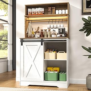 Farmhouse Coffee Bar Cabinet with LED Light, 55 Inch Bakers Rack with St...