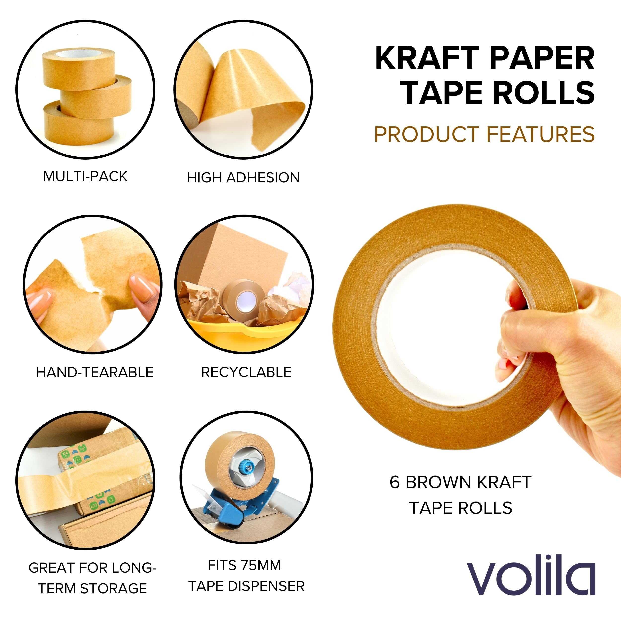 Volila Ruban Adhésif Kraft 48mm x 50m 6 Rouleaux Papier Brun Résistant pour Colis et Cadrage