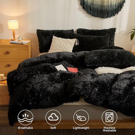 Faux Fur black Comforter set queen,Down Alternative Fur Comforter 3pcs Set(1 Plush Comforter +2 Furry Pillow Cases ) Luxury Modern All Season Microfiber Fill Duvet Insert Bedding (Black , Full/Queen)