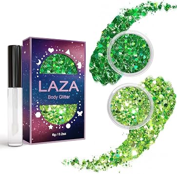 Laza 2 Jars St. Patricks Day Body Glitter Iridescent Chunky Sequins with Glitter Glue Women Eyeshadow Makeup Face Paint Festival Rave Outfits Hair Accessories Carnival Brat Party Costumes-Green Field