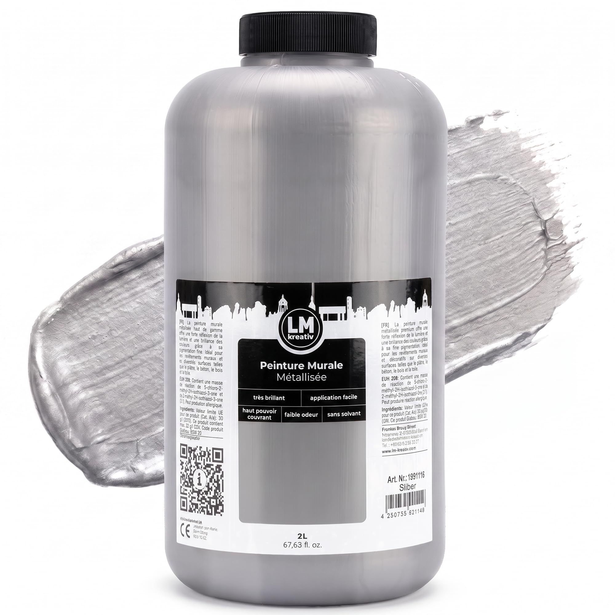 LM Peinture Murale Métallique 2L – Argent – Éclat Métallique Époustouflant pour Intérieurs Élégants, Application Facile, À Base d'Eau, Idéale pour Projets Muraux Créatifs & DIY