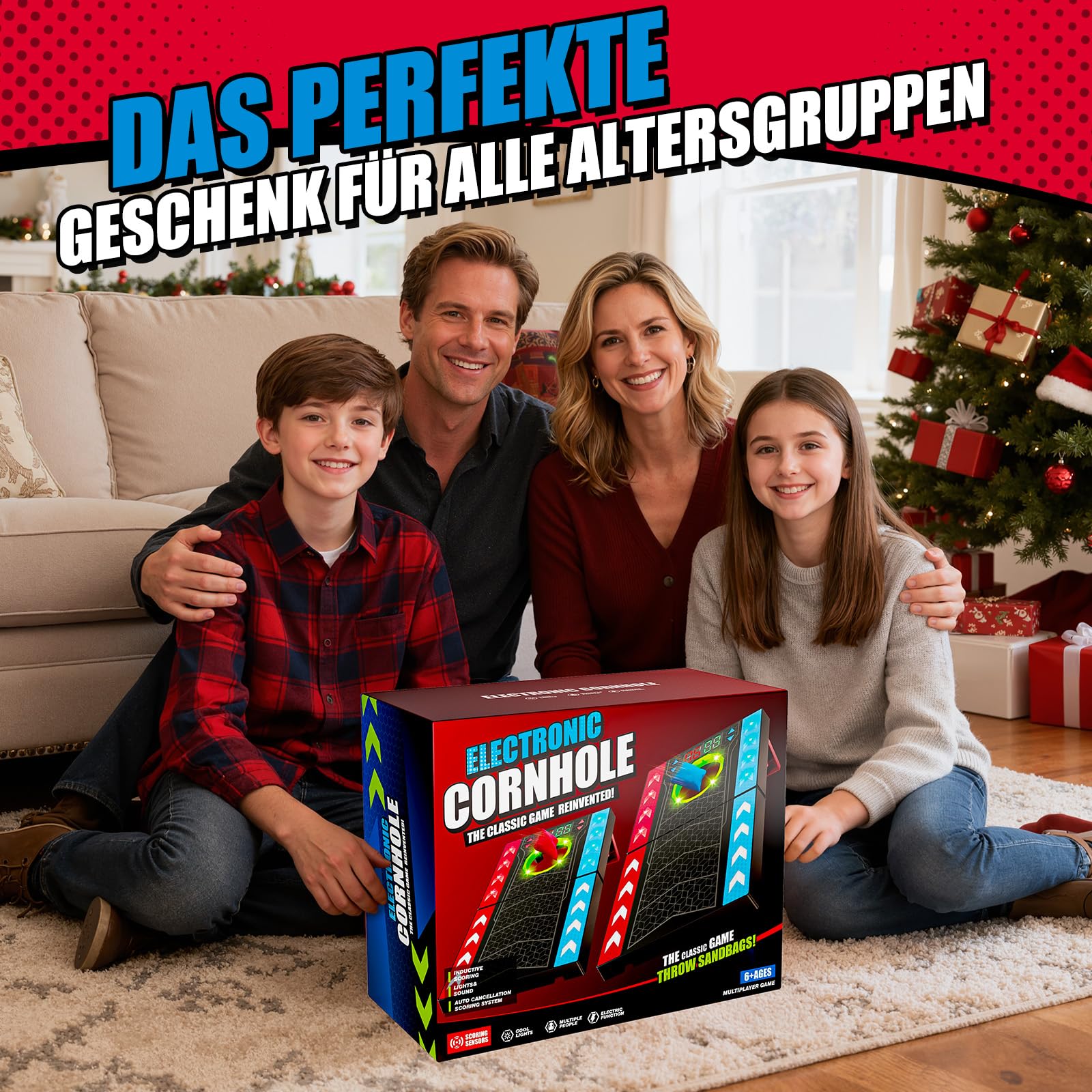 Cornhole Spiel Outdoor, Elektronisches Cornhole Set mit automatischer Punktezählung, LED & Musik, 2 Boards & 8 Säckchen, Sackloch Spiel für Garten, Camping, Kinder ab 8 & Erwachsene