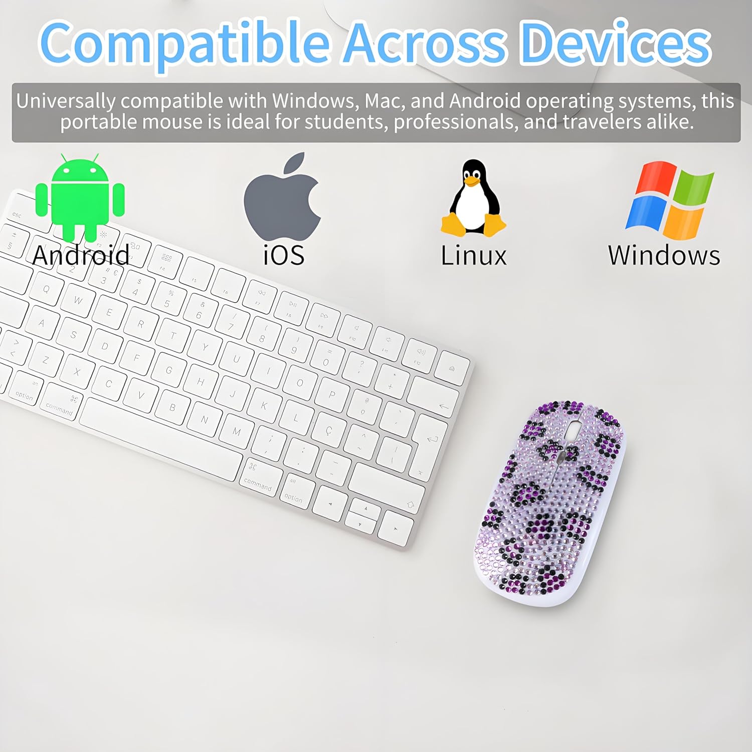 Rechargeable Bluetooth Wireless Mouse with Bling Crystal Rhinestones & 7-Color LED Lights - Silent Dual Mode Wireless Mouse for Laptops, PCs, and Macs - Perfect for Office, Travel & Home Use (Purple)