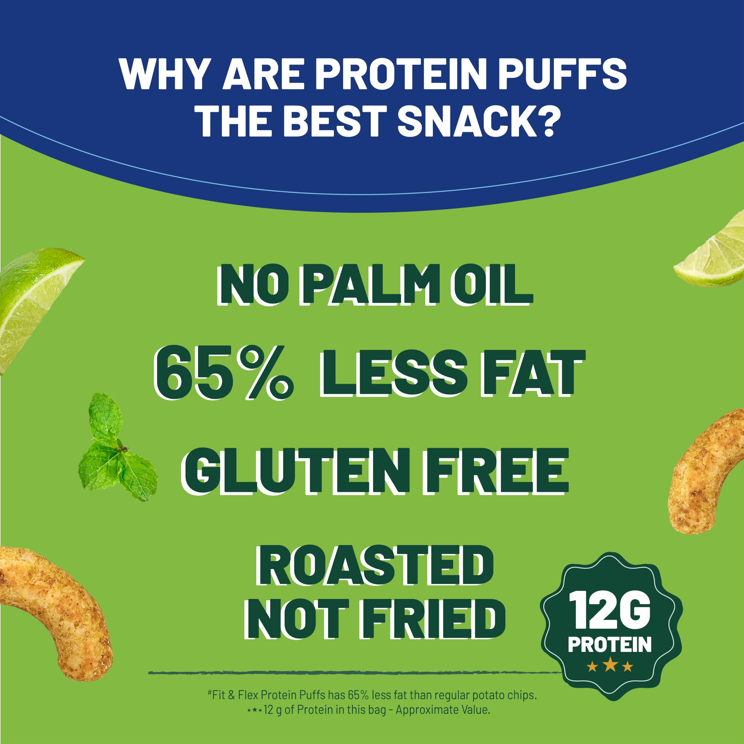 Fit & Flex Protein Puffs | Lemon & Mint | Jowar & Ragi Healthy Roasted Snacks | 12G Protein, Gluten free, No Trans-Fat, No Palm Oil | 55g x Pack of 6