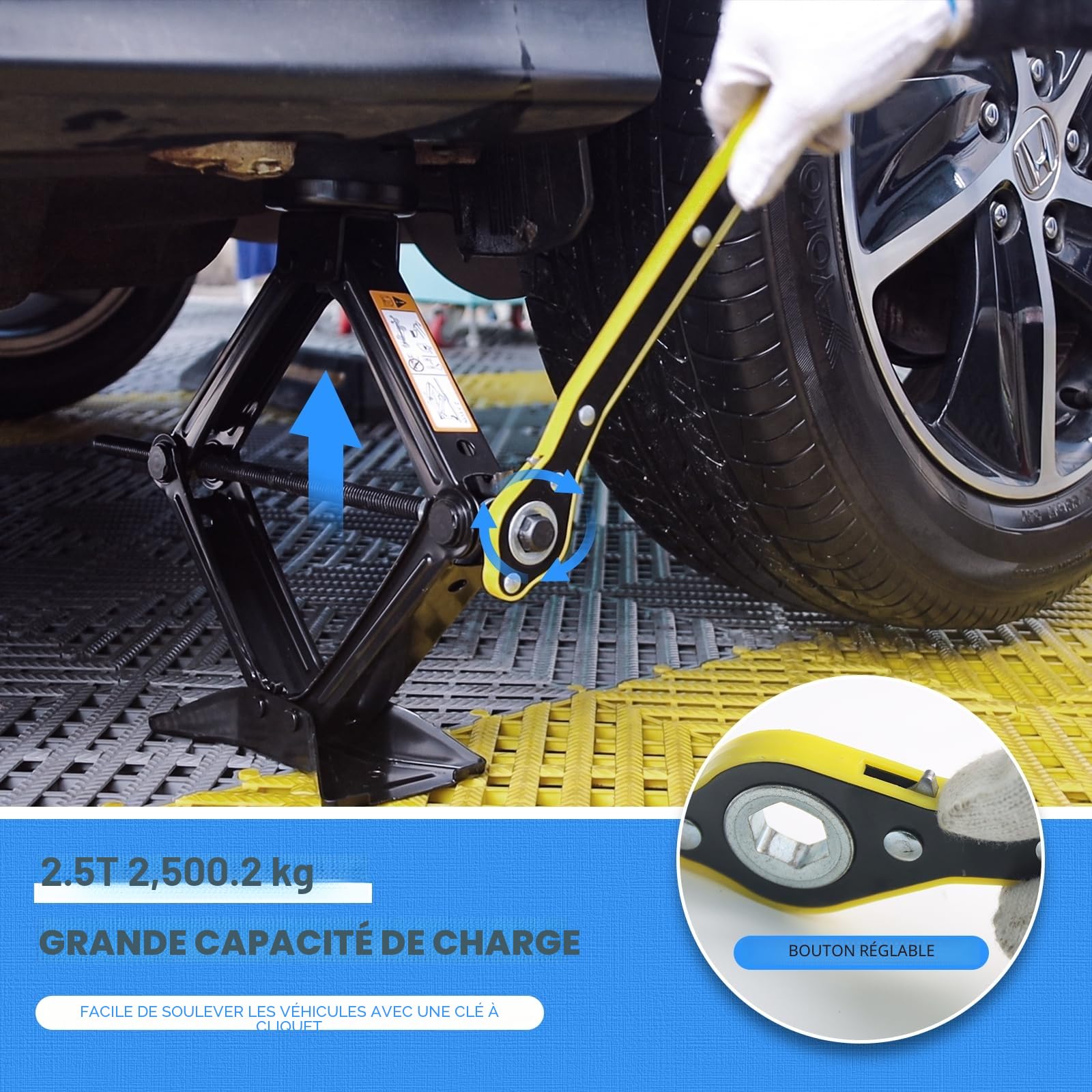 IMAYCC Nouveau Cric Voiture 2.5T/2500kg, Universel Crique Voiture avec Tampon Caoutchouc, Portable Cric De Levage avec Clé pour Écrous De Roue, Kit d'urgence Automobile