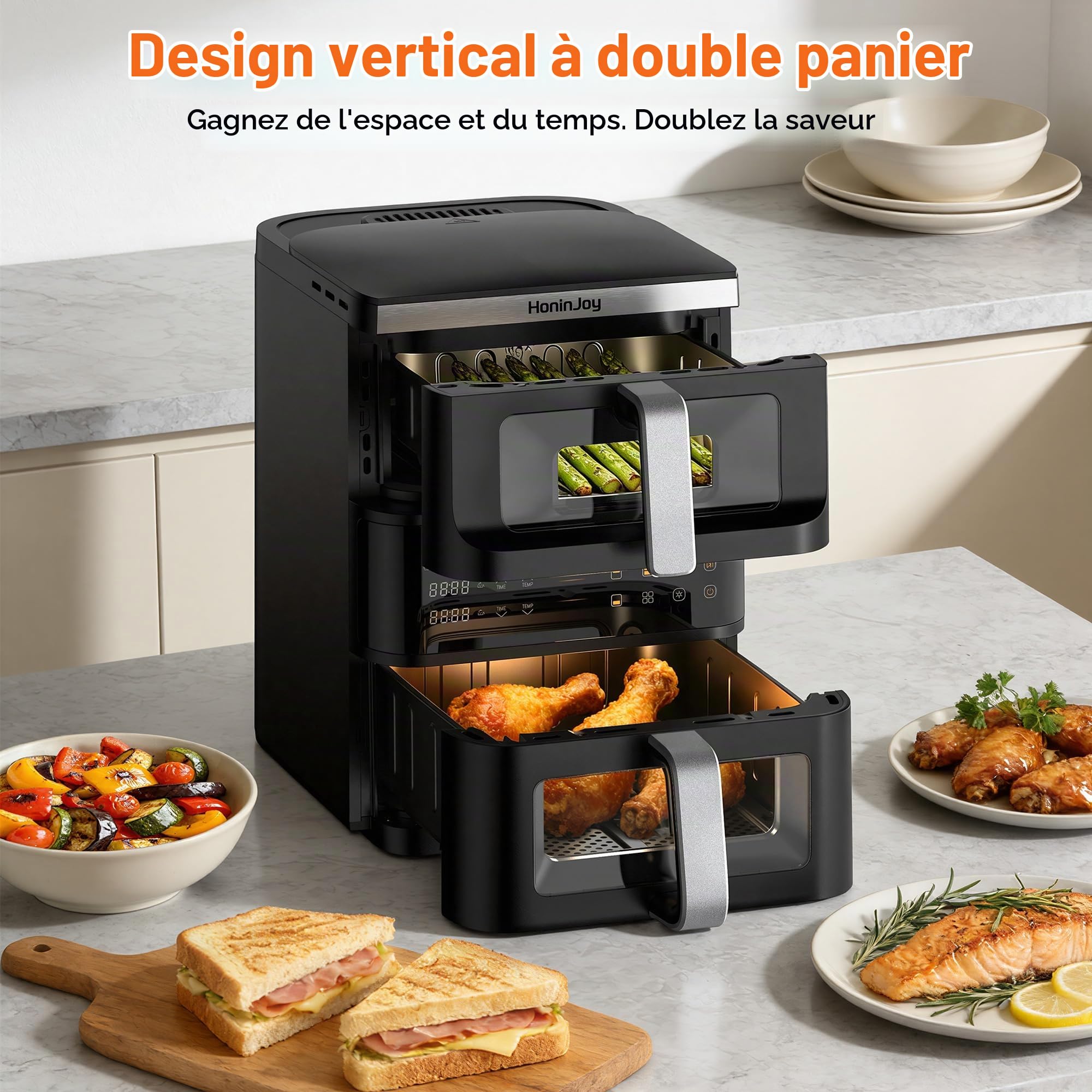 12L Air Fryer, Grand Double Compartiment Friteuse à Air Verticale Chaud Fenetre Visible 2 Tiroirs Écran tactile numérique 10-en-1Synchronisation Antiadhésif Lavable au Lave-vaisselle
