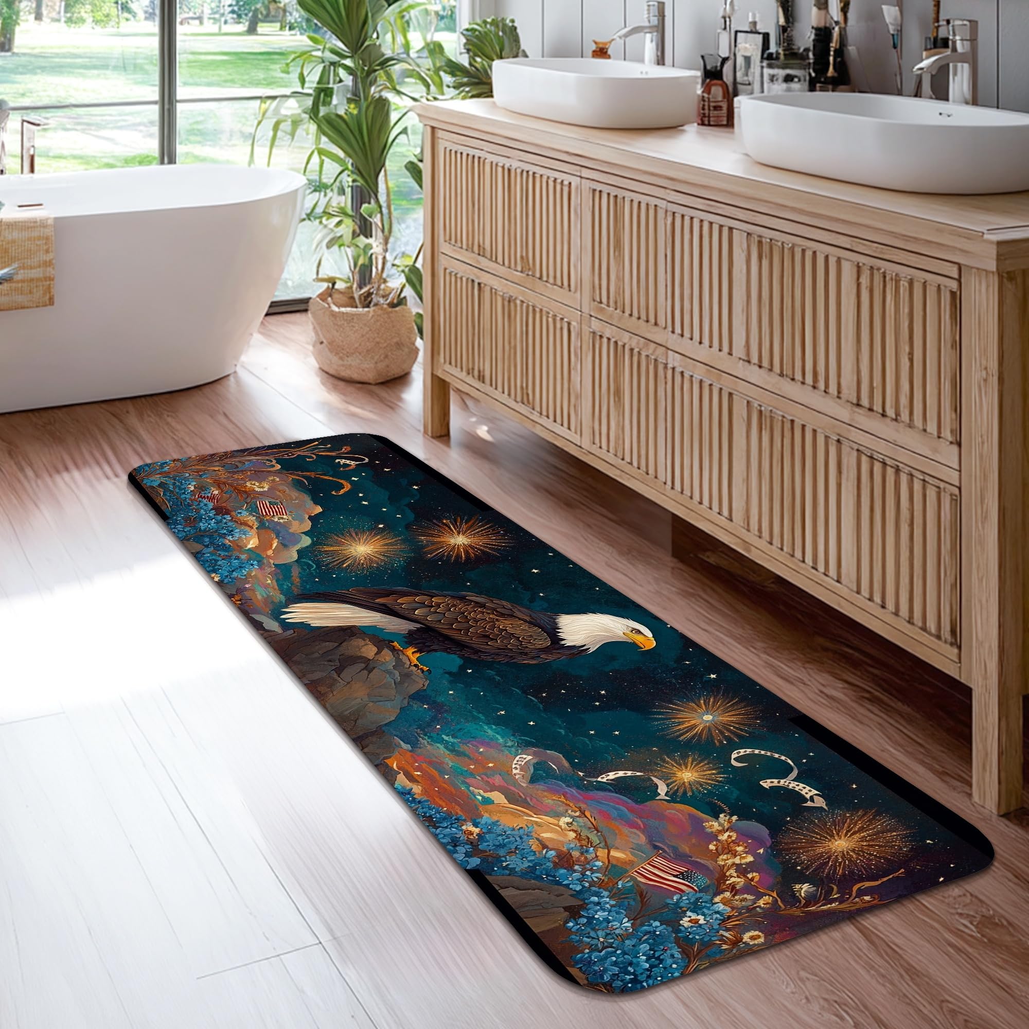 Tapis de couloir motif aigle bleu au design patriotique raffiné en poils courts pour chevet