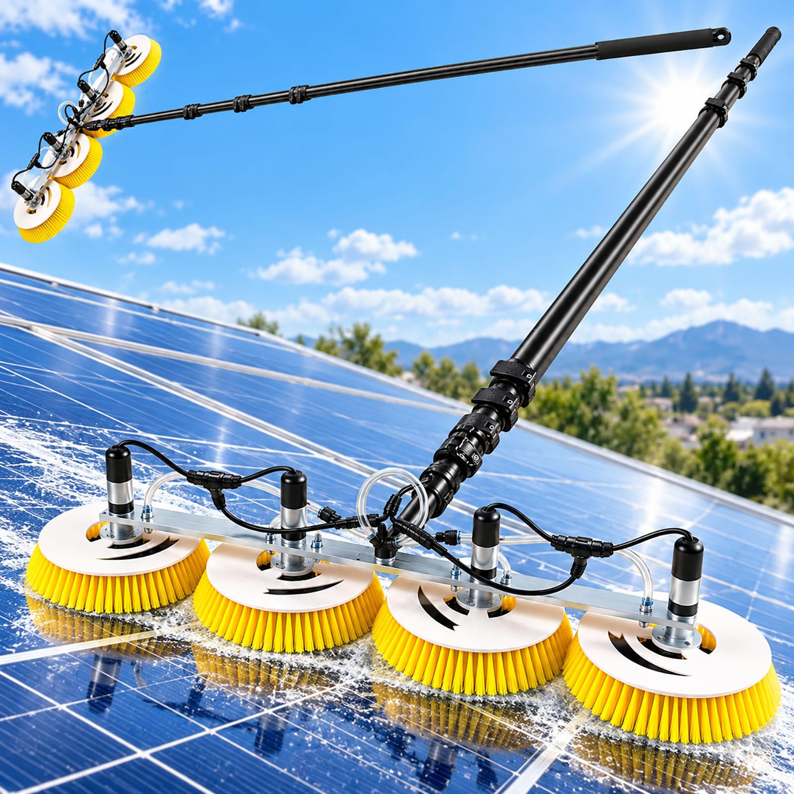 Spazzola Fotovoltaico 4 Teste con Asta Telescopica 8m