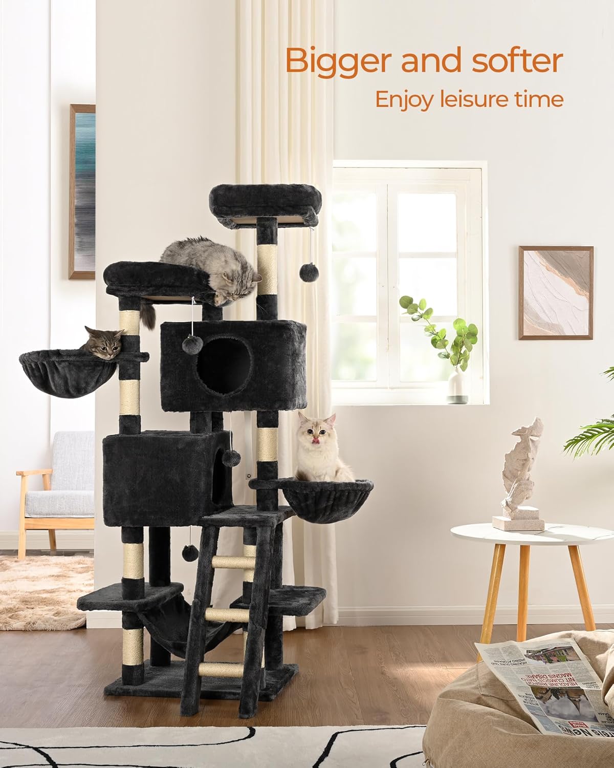 review Cat Tree for Indoor Cats, 63in Cat Tower, Cat Condo, Two Cat Perch, Wwo Cat Caves, Two Cat Basket, Sisal Scratching Stairs, Toys, Smoky Gray