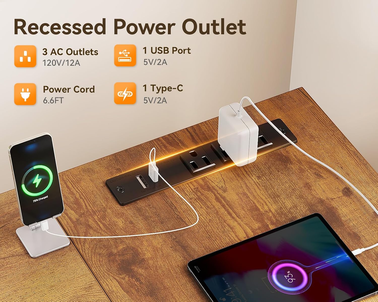 Recessed power outlet with devices charging