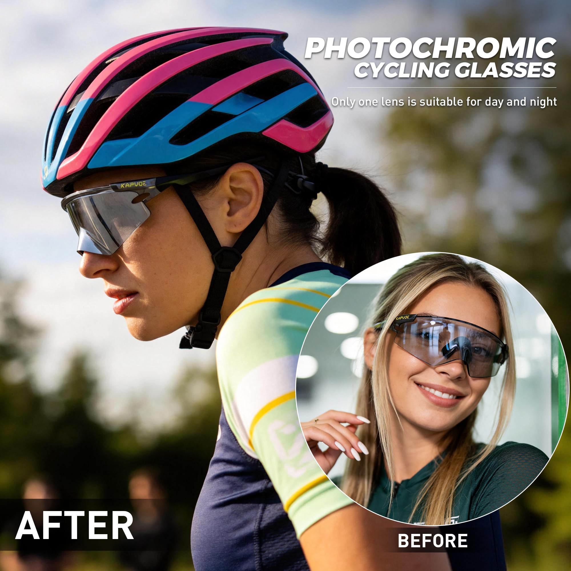 KAPVOE K410 Gafas de Ciclismo Portátiles Gafas de Sol Fotocromáticas & Alta Definición para Hombre y Mujer Patillas Ajustables Protección UV400 Ligeras con Bolsa para Bicicleta Gafas MTB