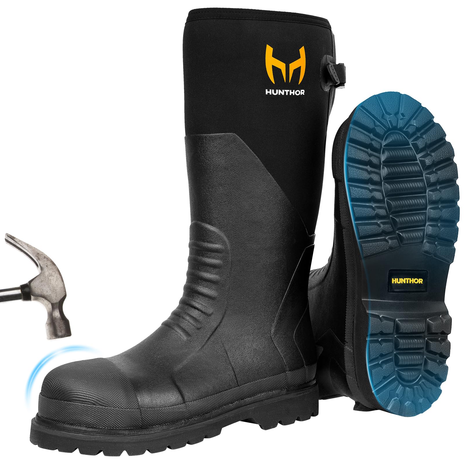 Rubber Work Boots, Puncture-Proof with Steel Toe & Shank, Lightweight Waterproof Anti Slip EVA Outsole Hunting Boots for Men, 6mm Neoprene for Construction, Manufacturing or Farming(Black,Size 9)