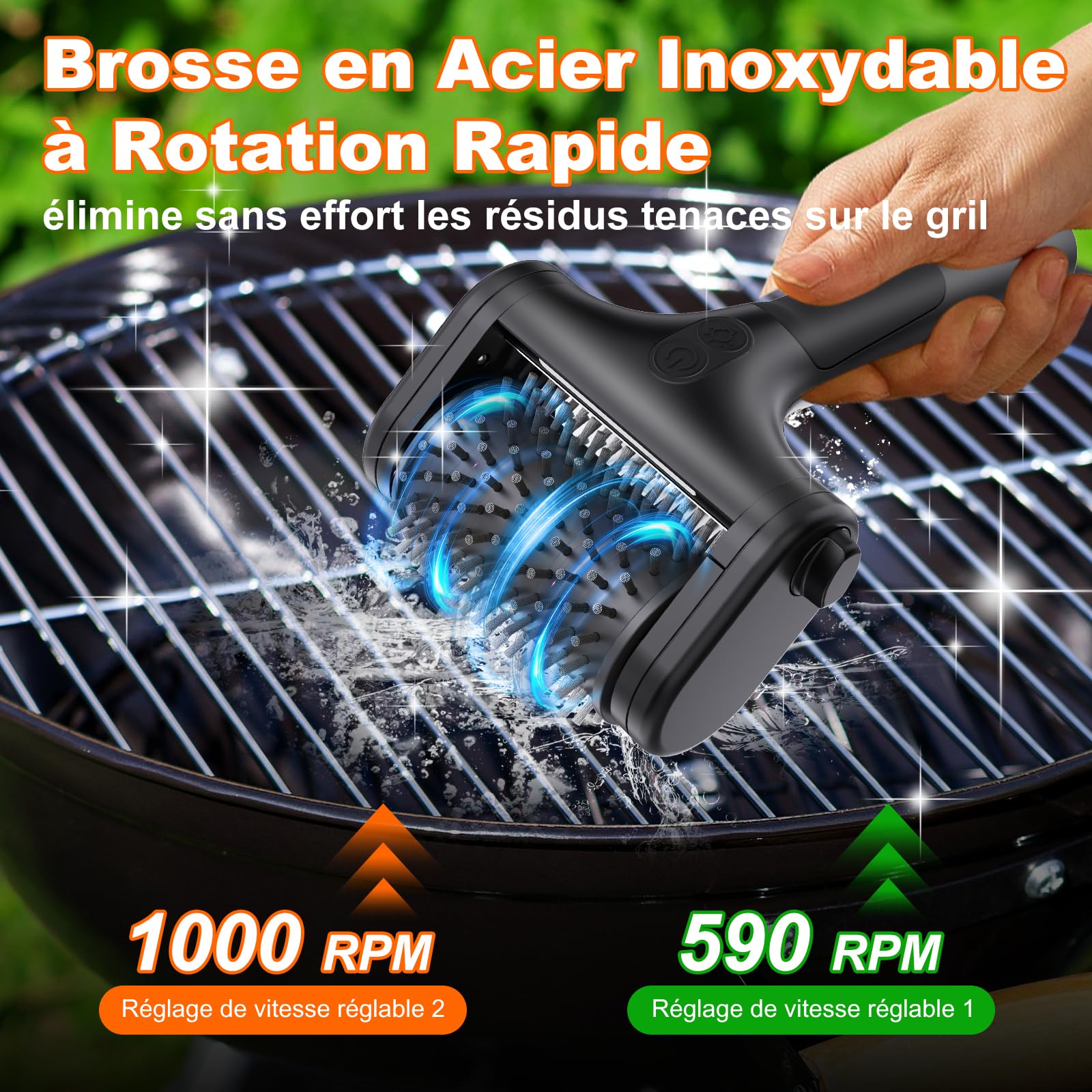 Brosse éLectrique pour Barbecue, Deux Vitesses (590RPM, 1000RPM), Deux TêTes de Brosse Incluses, éClairage LED, Brosse éLectrique Rechargeable AdaptéE à Tous Les Types de Barbecues Noire