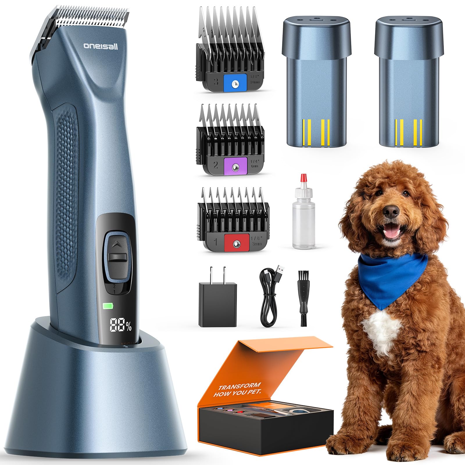 oneisall Tosatrice per Cani pelo lungo professionale, Tosatore Rasoio, 2 Livelli da Tosatrici Elettriche per cani/Gatti, Con batteria rimovibile e pettine in acciaio carbonizzato (Blu, 2 Batteria)