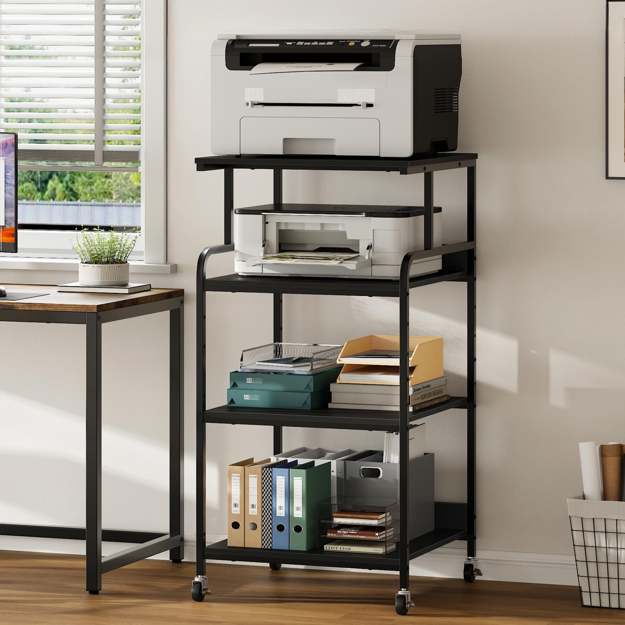 Warmiehomy Extra Tall &amp; Large Printer Stand, 24" x 24"x 46'' Height 4 Tier Metal Printer Table for Home Office, Printer Stand with Adjustable Storage Shelf, Rolling Cart for 3D Laser Printer (Black)