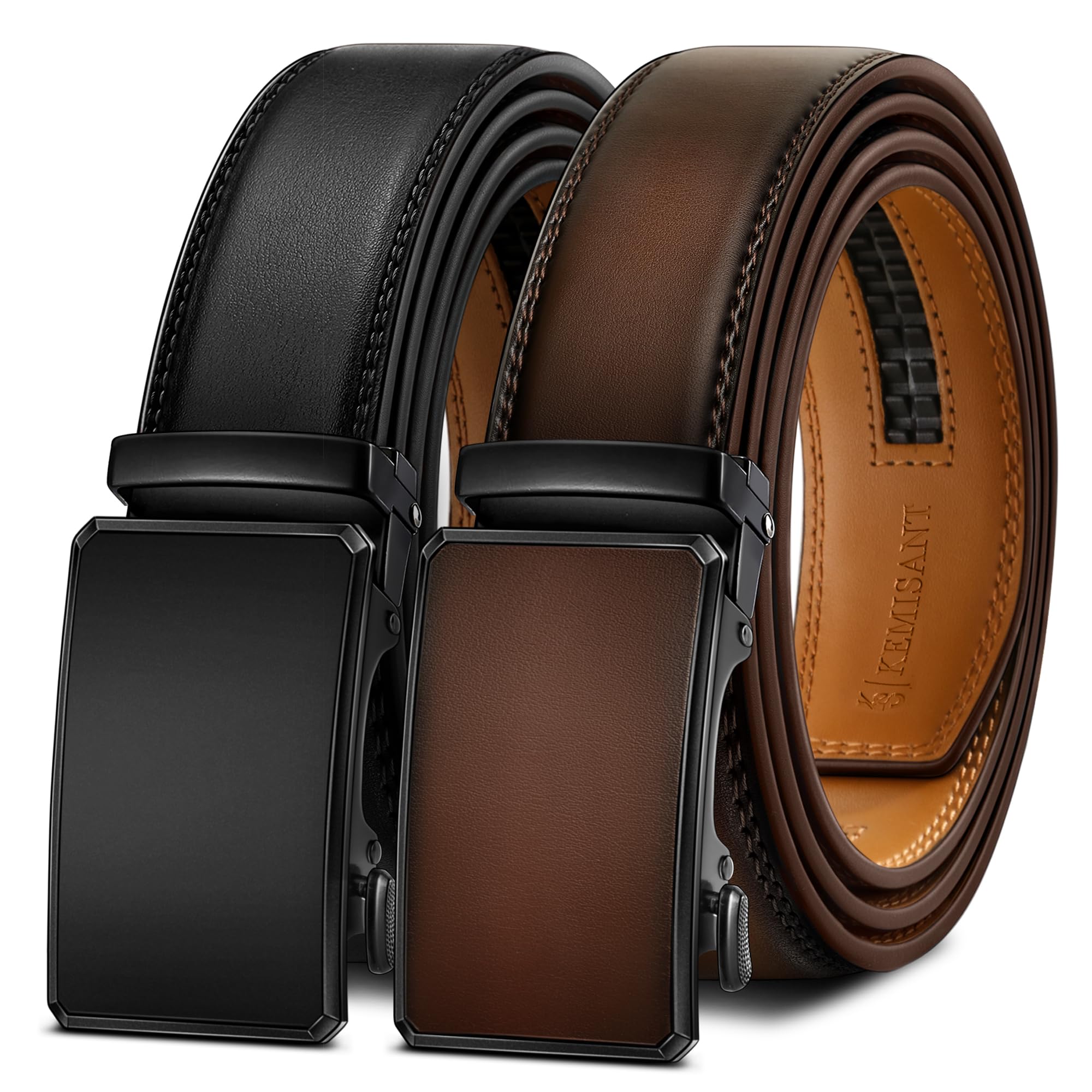 Men's Ratchet Leather Belt 2Pack-Trimmable 1 3/8“-Gift Boxed