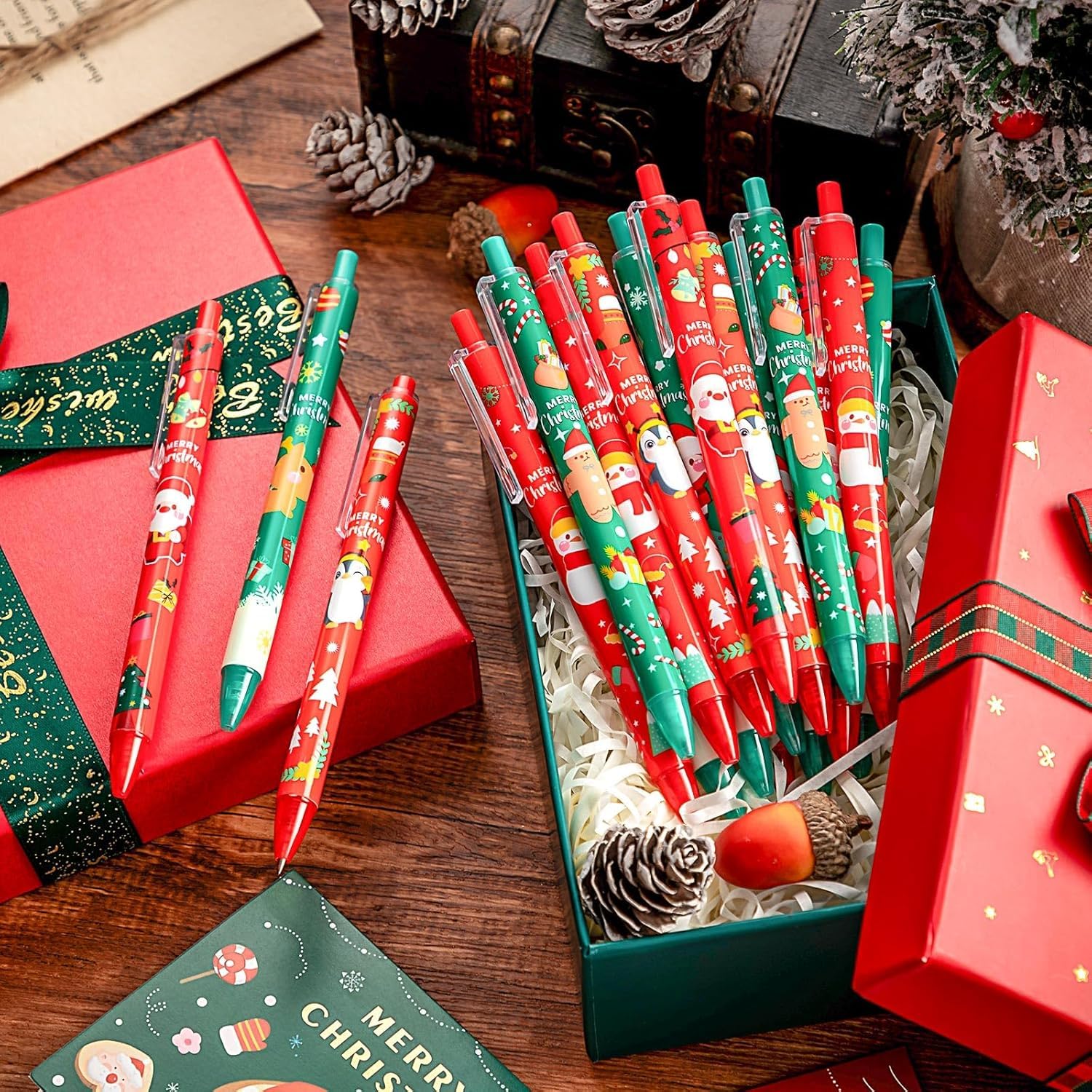48 Stylos à Bille De Noël - 12 Styles (Père Noël, Renne...), Encre Noire 1mm, 14cm