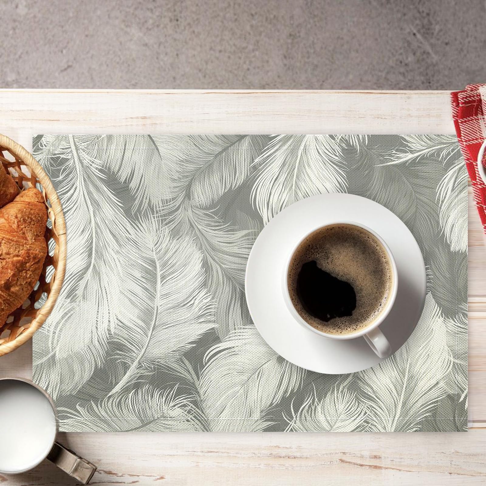 Tovaglietta Americana Sogno in Cotone Lino Rettangolare - Tovagliette Set di 8 Piume Bianche Resistente al Calore per La Cucina, Il L'Ufficio, 30 x 45cm