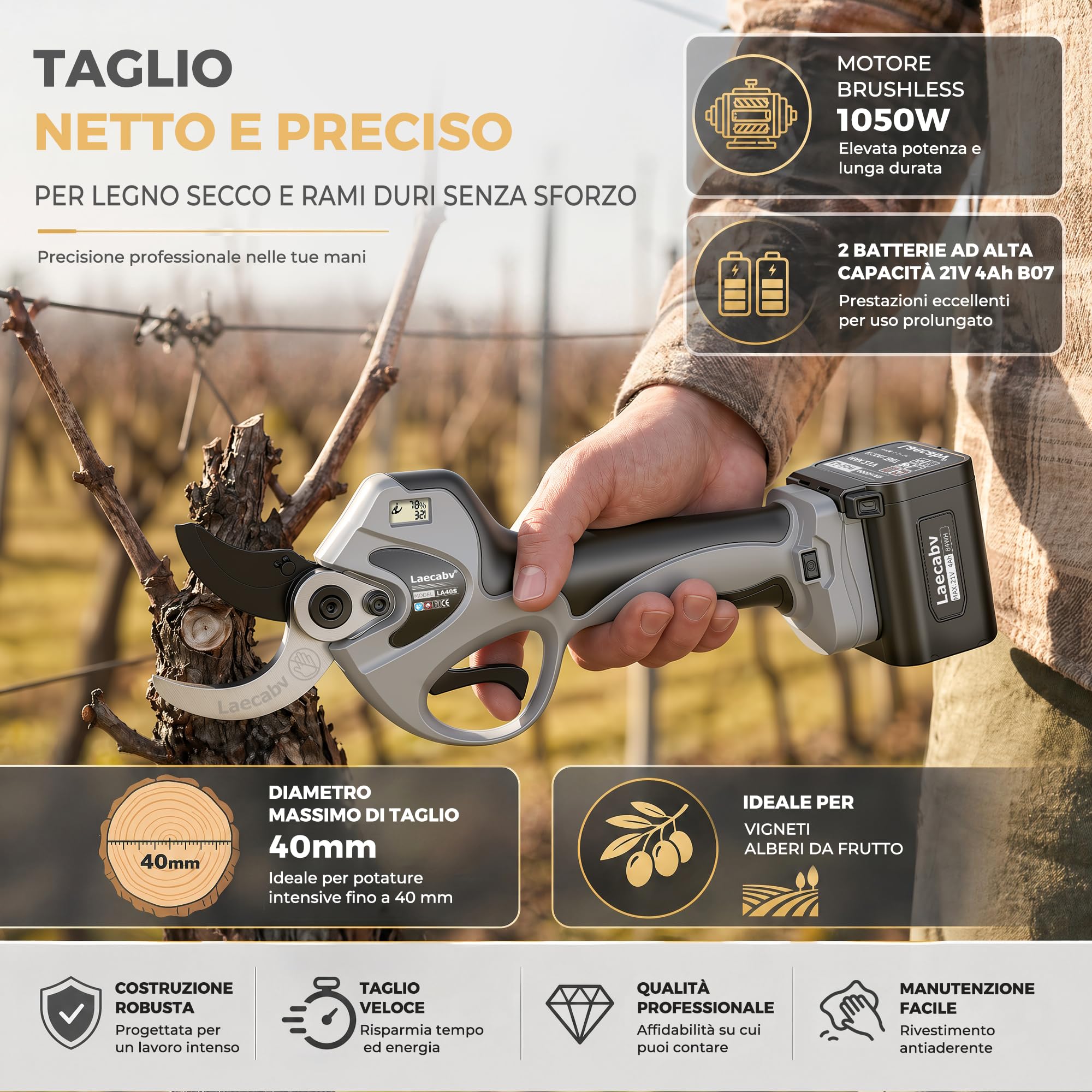 Laecabv 40mm Forbici Potatura a Batteria, Professionali, LCD,2 Batterie di Litio da 4Ah, Taglio Progressivo, Forbici Potatura Elettriche da Cesoie Olivo Vigneto (LA40SGYBK)