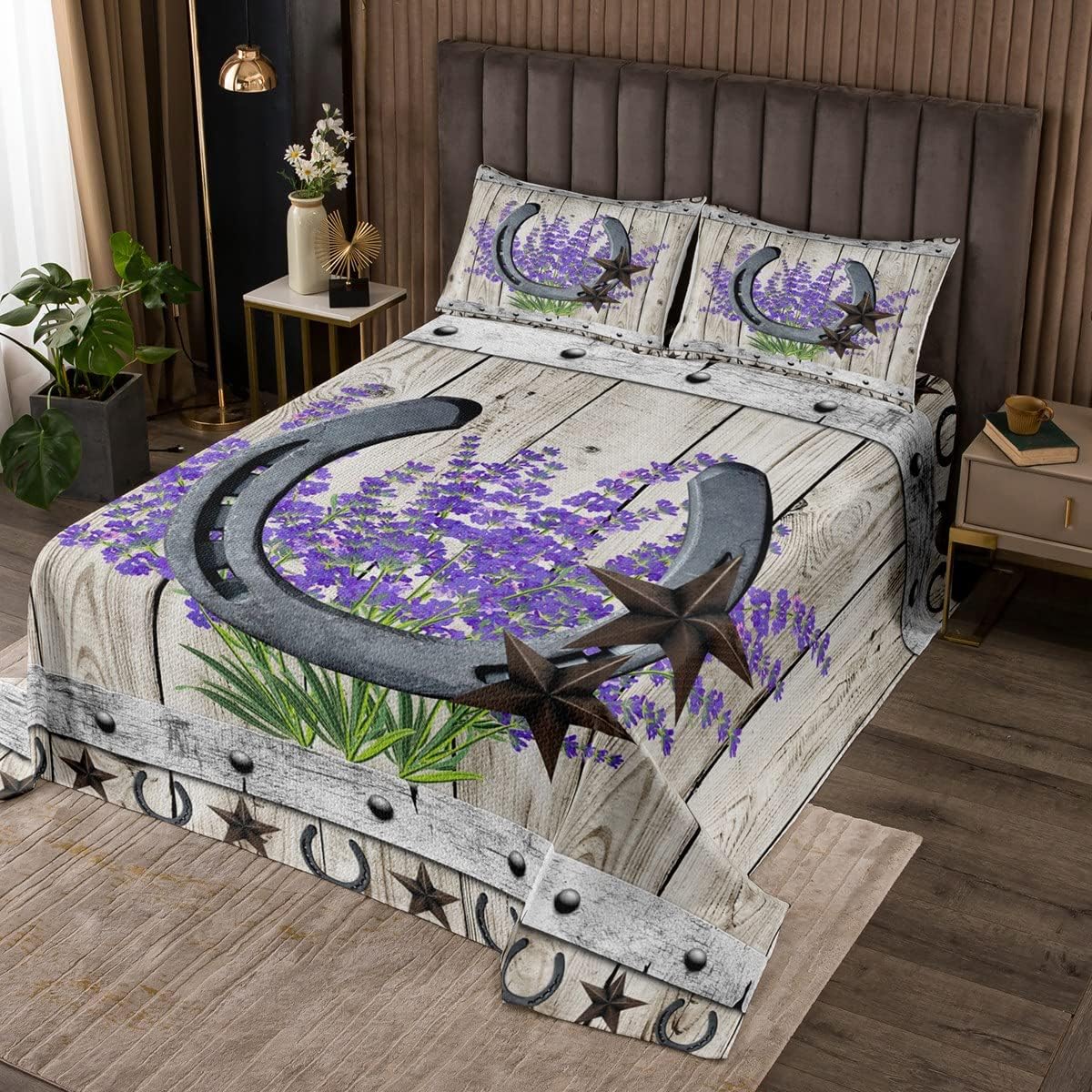 Lavender Bedding Set Twin Size Rustic Farmhouse Barn Door Bedspread Cowboy Star Horseshoe Decor Comforter Set 2pcs for Kids Girls Women Room Decor Romantic Flowers Quilt Set,1 Pillowcase
