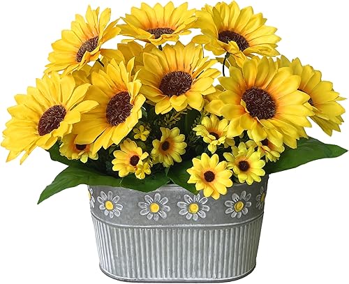 hopeme Flores artificiales, girasoles falsos en maceta, flores de seda sintética, decoración de mesa floral, vegetación rústica en maceta para