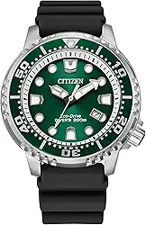 Relógio de mergulho masculino Promaster com tecnologia Eco-Drive em mostrador verde de aço inoxidável, pulseira de borracha preta, BN0158-00X
