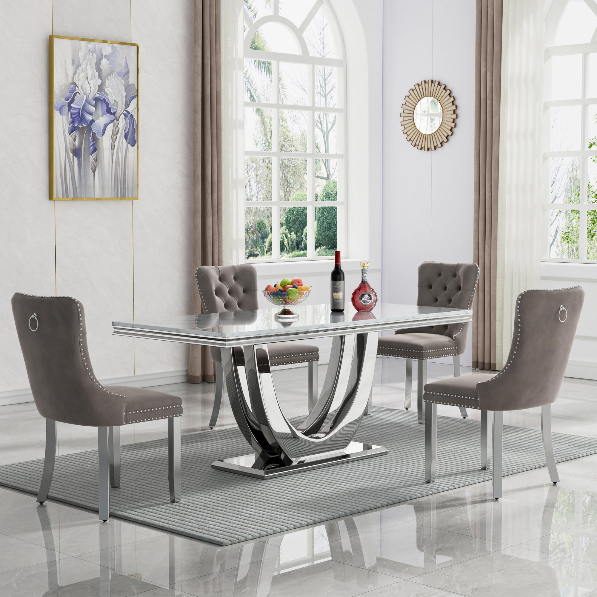 68" Marble Dining Table Set for 4, Luxury White Faux Marble Kitchen Table with 4 Grey Velvet Dining Chairs Modern 5-Piece Dining Room Table Set for 4 w/Silver Stainless Steel Base