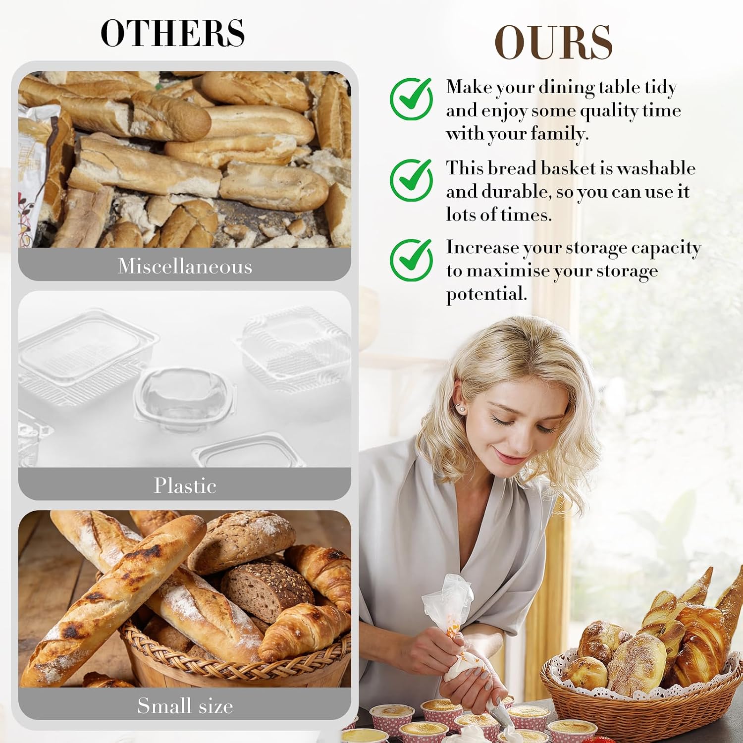 2 PCS oval woven baskets with acrylic lids,bread basket with lid, 15.75 x 11.81 inches Inches, with Stainless Steel Tongs, rattan bread basket with lid Lace Doilies, for Bread, Fruit, Food Display