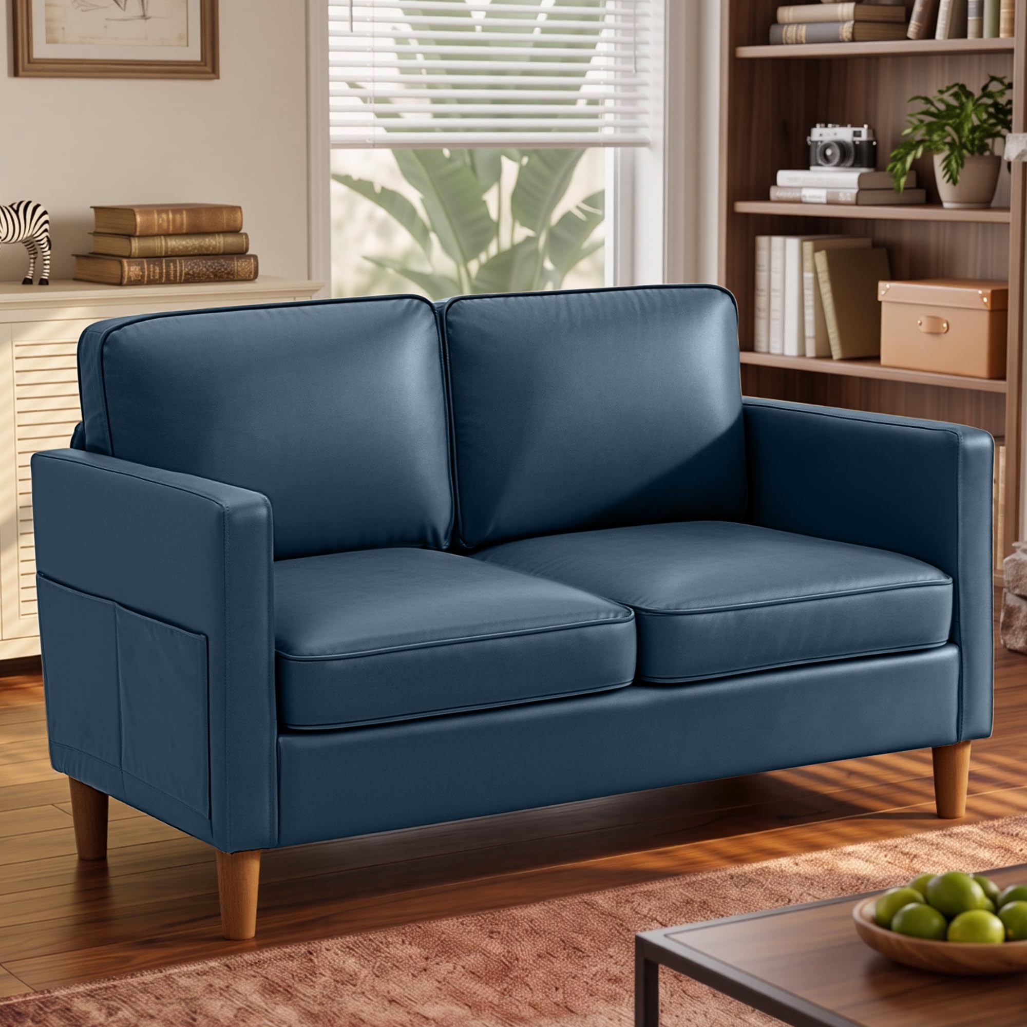 56" Faux Leather Loveseat Sofa, Mid Century Modern 2 Seater Love Seat Couch