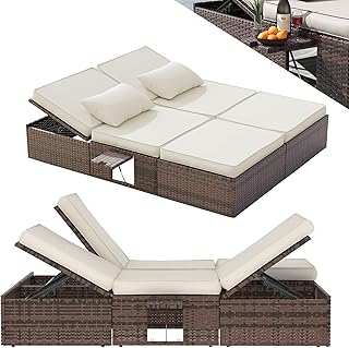 UDPATIO Tumbona de ratán para jardín para 2 personas, ajustable en 5 posiciones, con mesa plegable, resistente a la intemperie, polirratán, color marrón, negro y crema, 200 x 160 cm