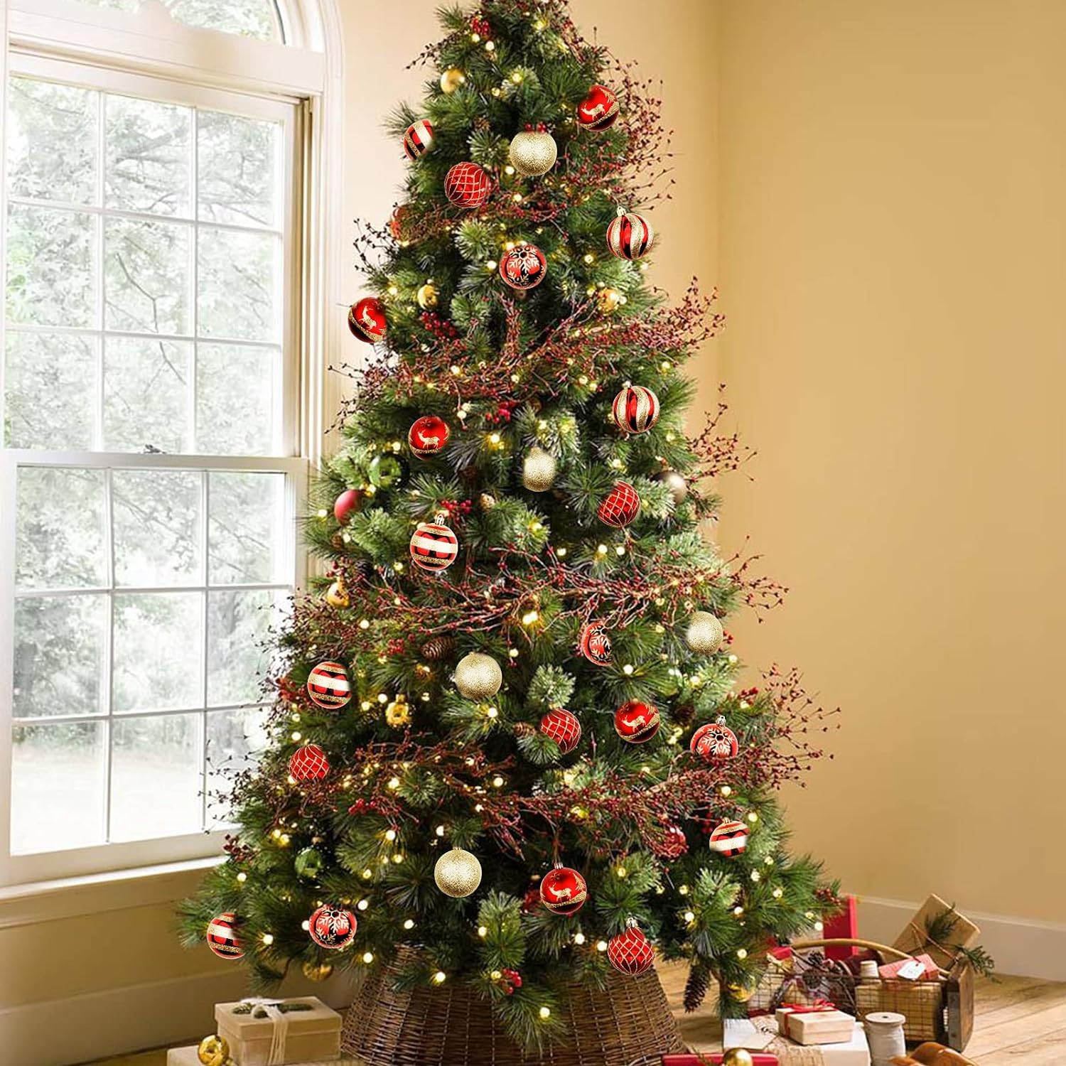 30 mm/24 palline di Natale infrangibili in oro rosa, decorazioni per albero di Natale, palline ornamentali da appendere per le vacanze, lucide, opache, glitterate