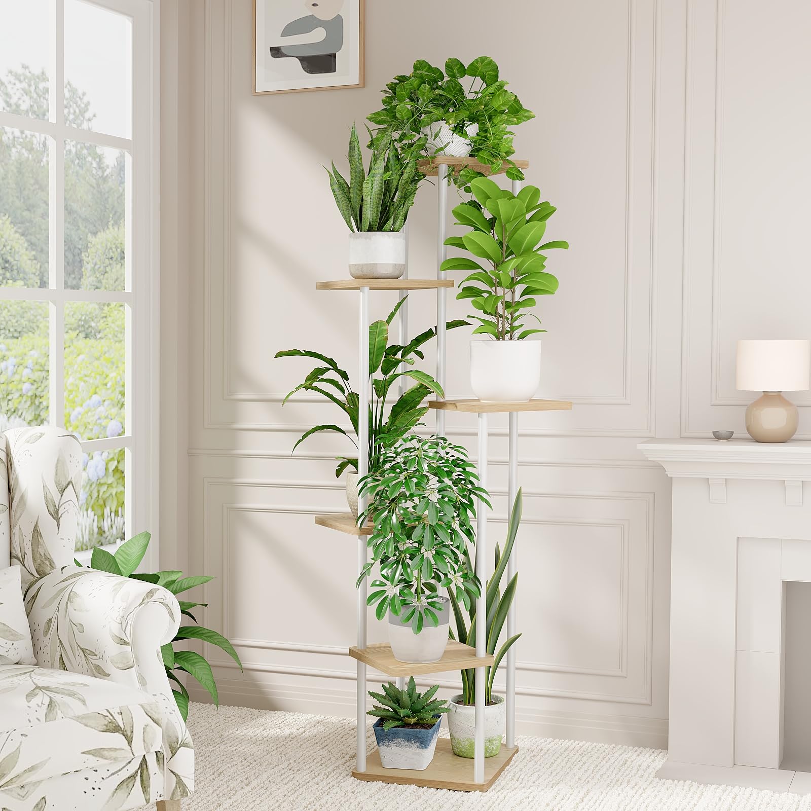 Bamworld White Plant Stand Indoor Tall Metal Wood Plant Shelf
