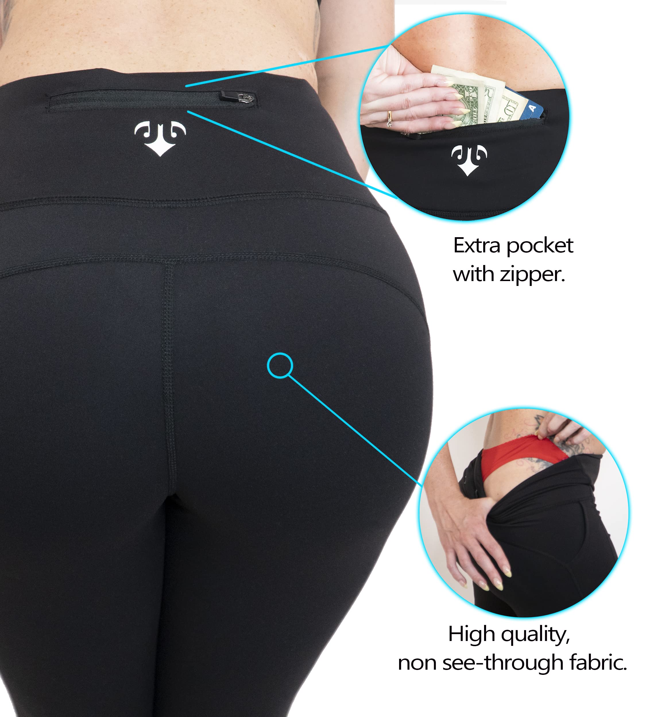 Pantalones de yoga para mujer con control de abdomen, malla de pantorrilla, 2 bolsillos laterales y 1 trasero con cremallera y cordón