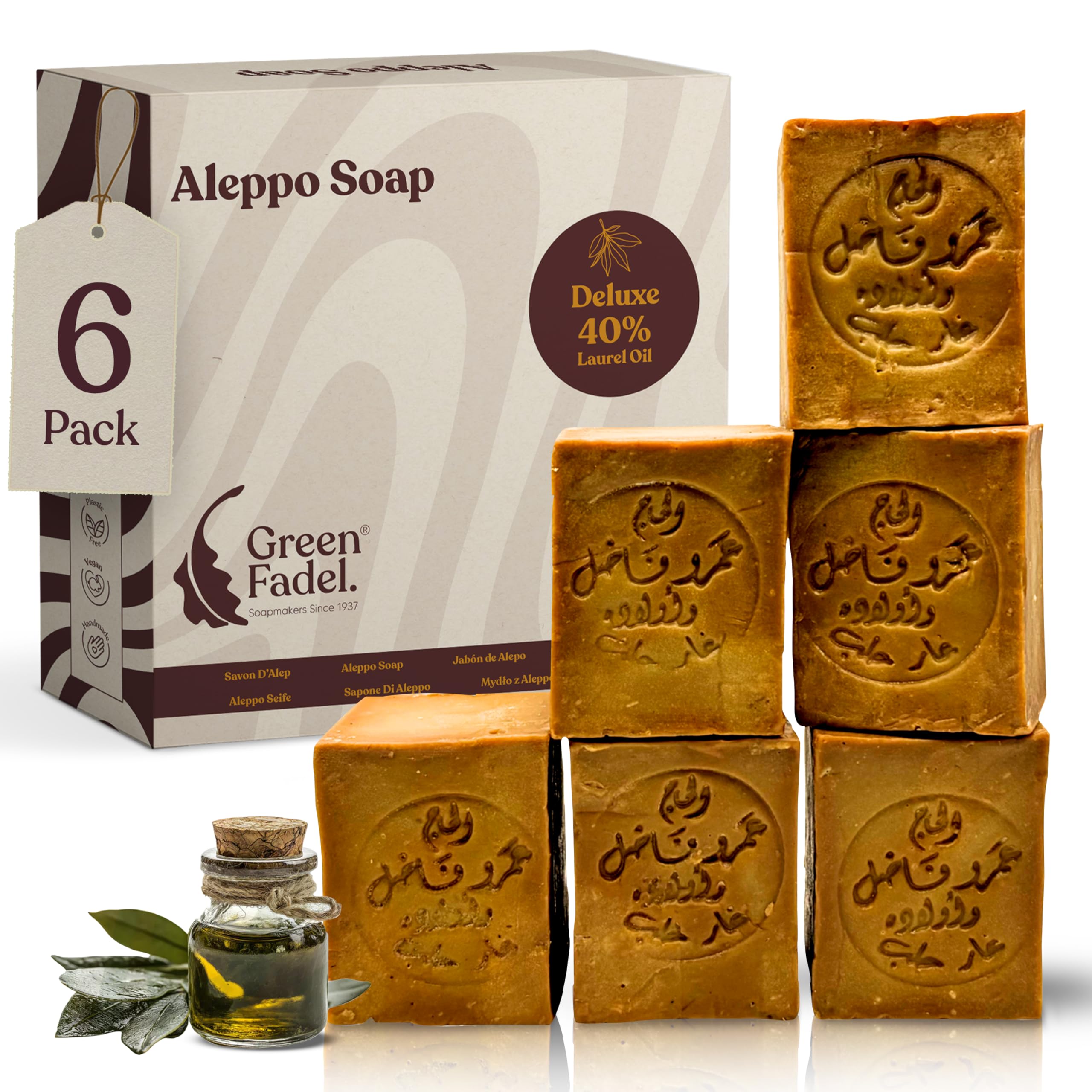 GREEN FADEL Sapone di Aleppo Originale, 40% Olio di Alloro, 60% Olio d'Oliva, 6 x ca. 200g (Deluxe) Sapone all'Olio d'Oliva, Naturale, Fatto a Mano, Vegano