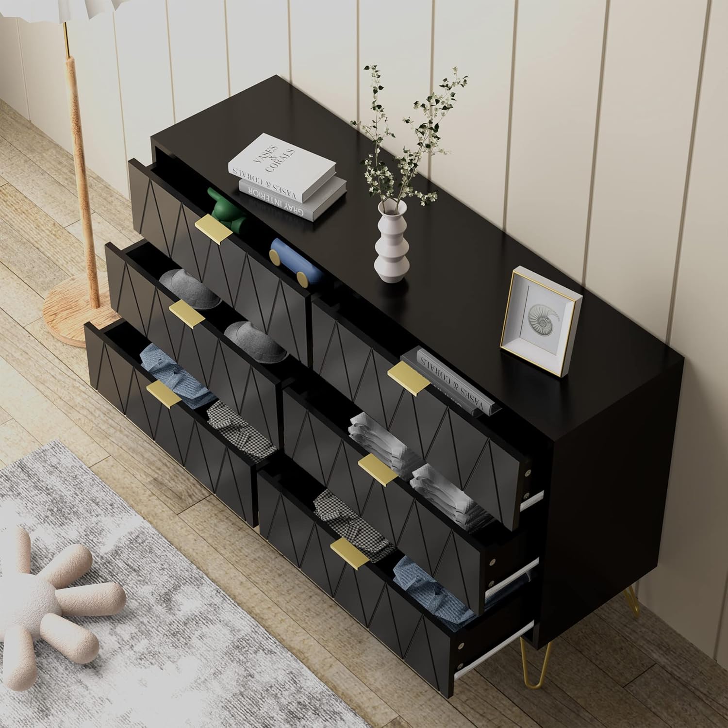 Anbuy Dresser for Bedroom Black 6 Drawer Dresser Chest of Drawers Wide Double Wood Storage Cabinet with Gold Handles