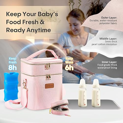 Miniatura 17 de Bolsa enfriadora de leche materna con bolsa de hielo y funda para chupete, enfriador de biberones grande de doble capa con aislamiento para 6