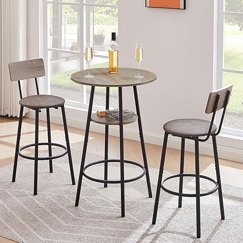 Juego de mesa de bar y sillas de 3 piezas para 2, mesa de comedor redonda de 2 niveles y taburetes tapizados de poliuretano con respaldo, mesa de
