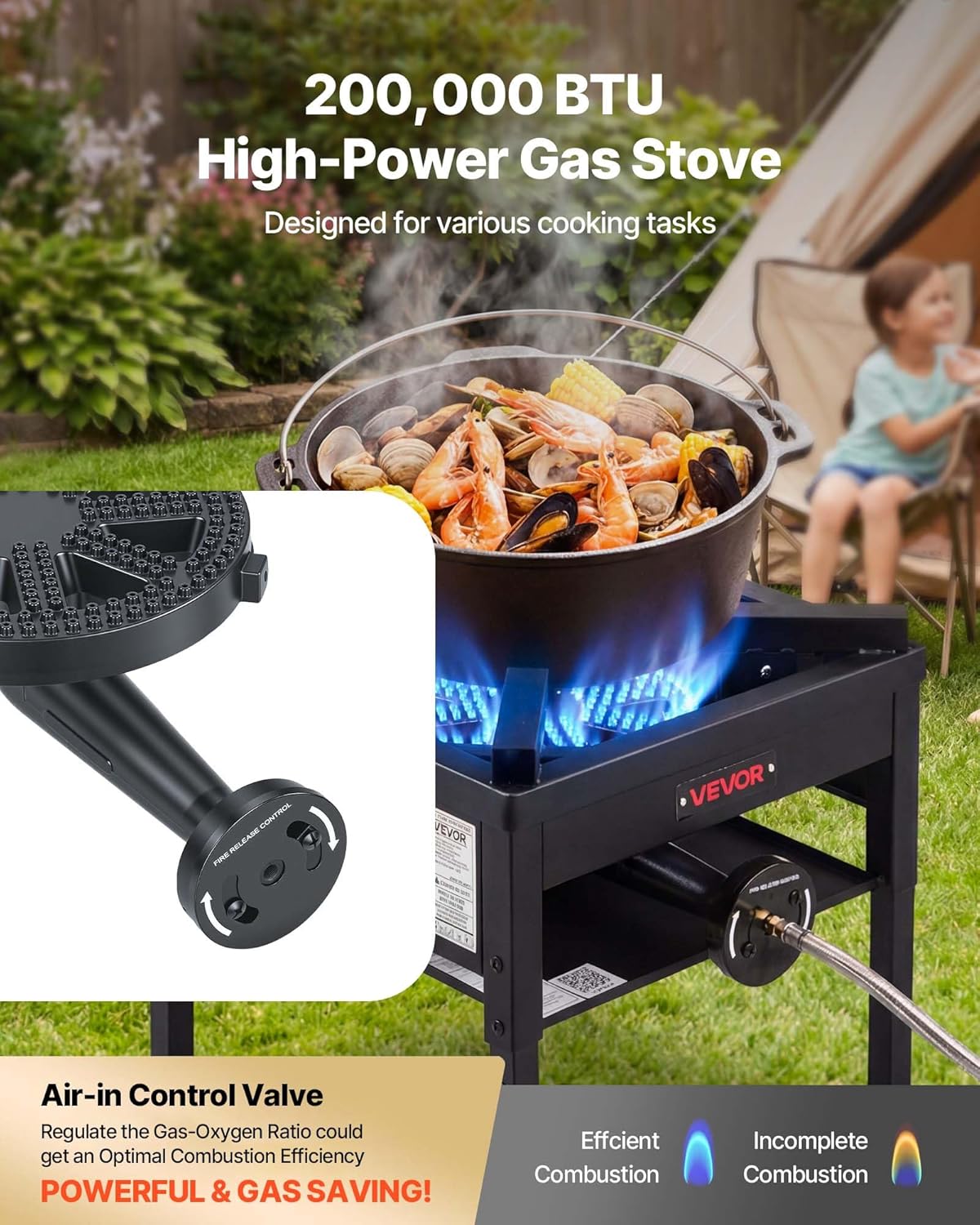 VEVOR Single Burner Outdoor Propane Gas Stove, 200,000 BTU Propane LPG Gas Camping Stove, Heavy Duty Carbon Steel Outdoor Cooker, with Shield & 20 PSI Regulator, for BBQ Camp Home Patio Seafood Boil