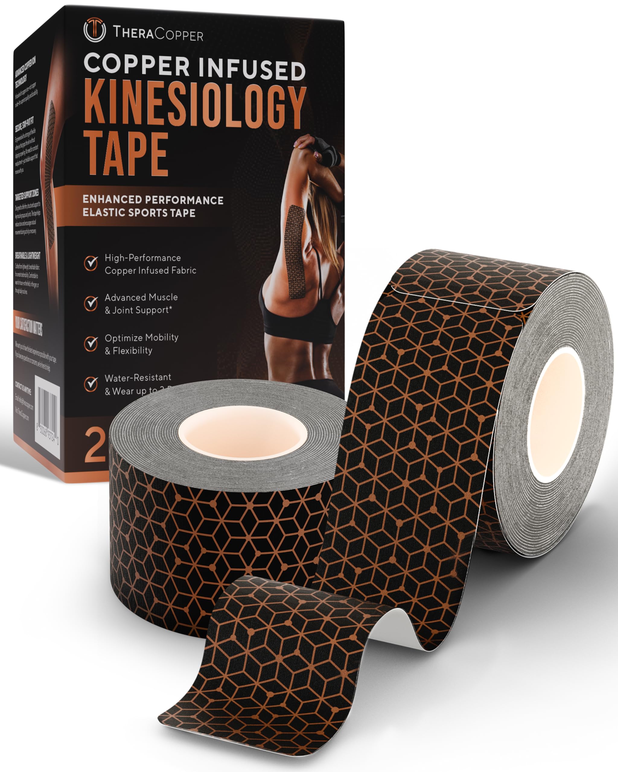 TheraCopper Copper Infused Kinesiology Tape 2 Rolls 40 Precut Strips Advanced Waterproof Kinesiology Tape for Shoulder Elbow Bowling