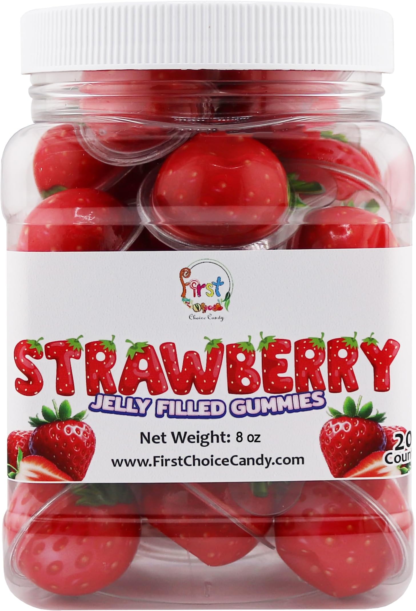 FirstChoiceCandyJelly Filled Gummies - Assorted Flavor Gummy Filled Candies - Filled With Fruit Jams - 20 Pieces In Resealable Jar (Strawberry)