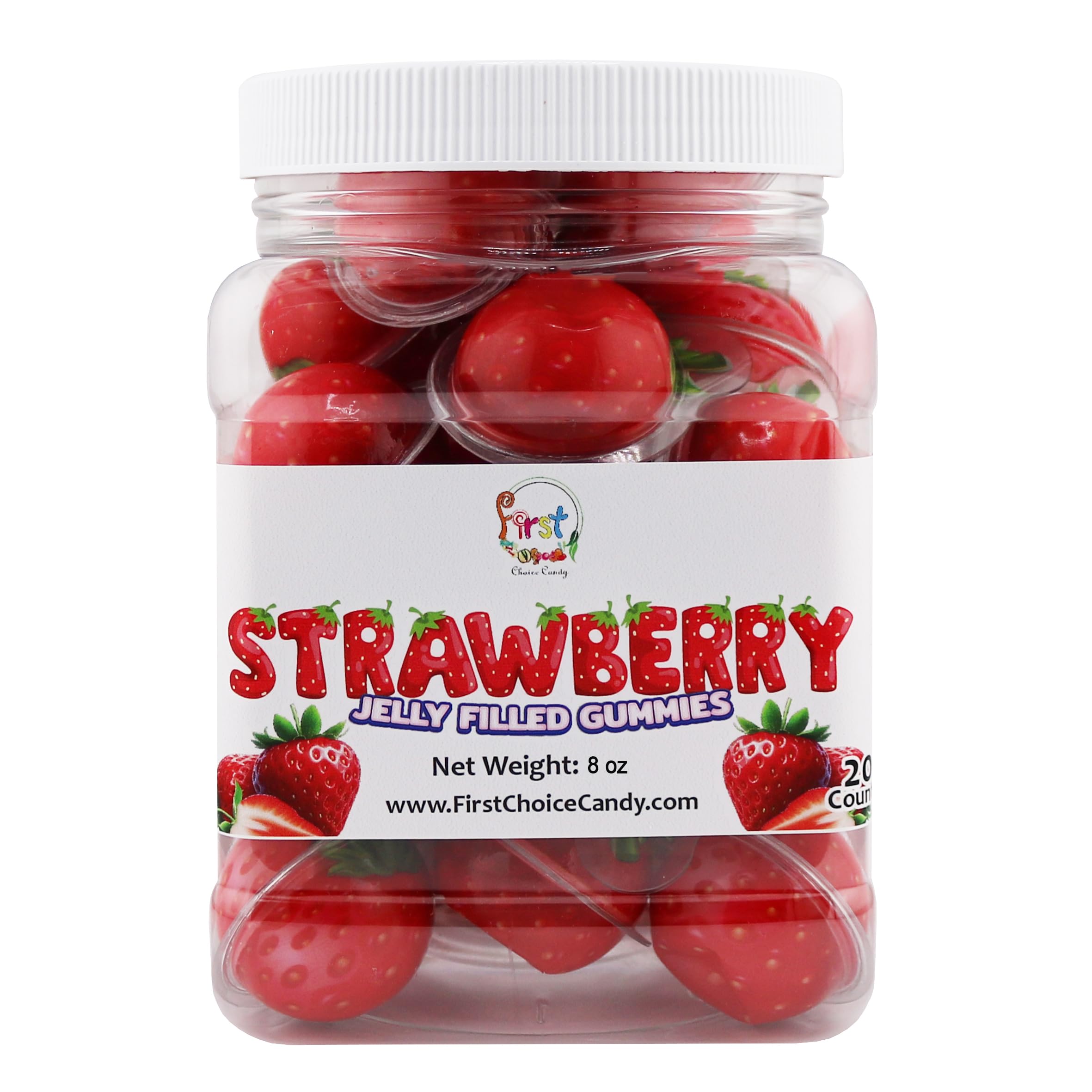 FirstChoiceCandyJelly Filled Gummies - Assorted Flavor Gummy Filled Candies - Filled With Fruit Jams - 20 Pieces In Resealable Jar (Strawberry)