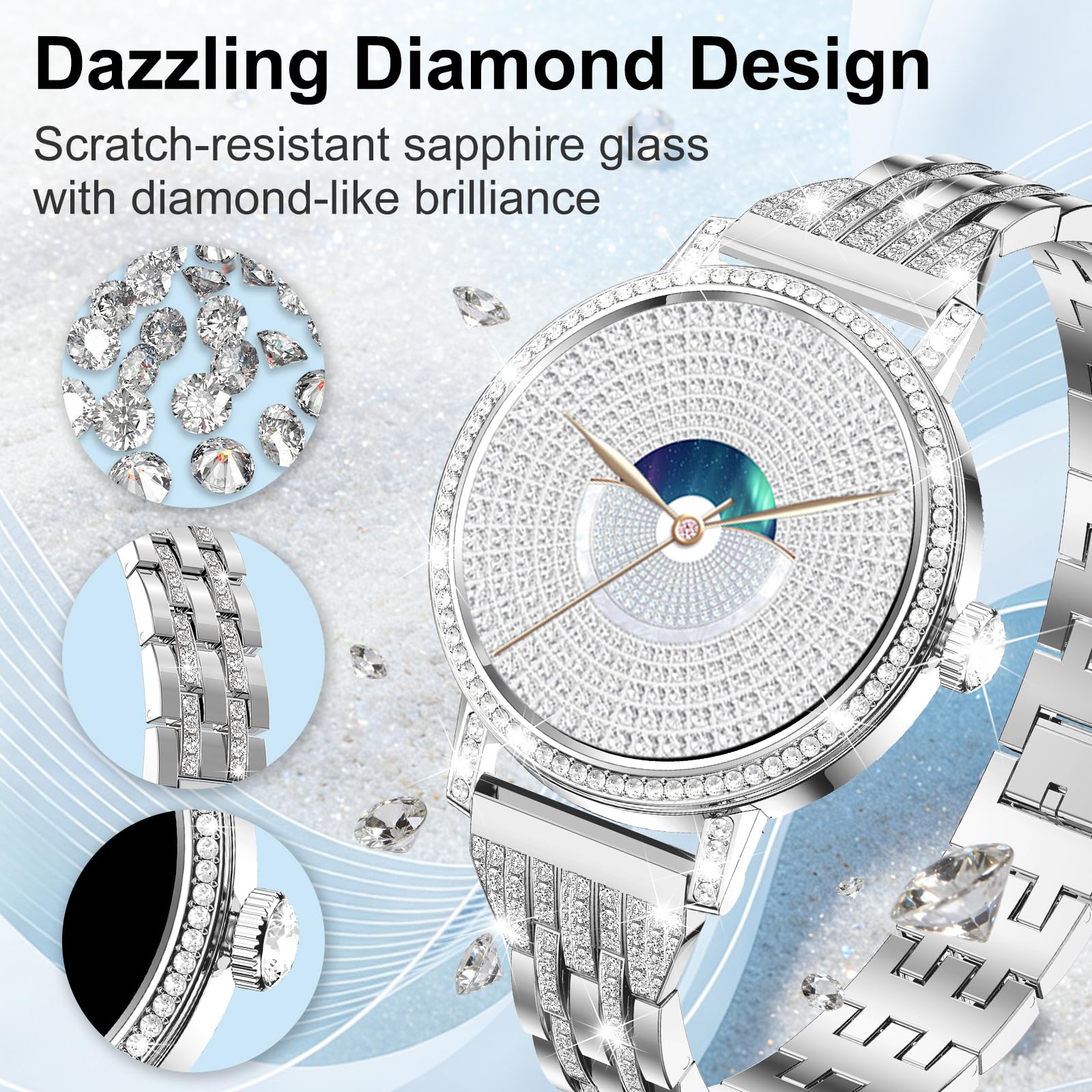 Smartwatch Donna con Diamant,1,27" HD Smart Watch con Chiamate Bluetooth,3 Cinturini/SpO2/Pressione/Sonno/Passi/Calorie, IP68, 120+ Sportivo orologio donna smartwatch per Android/iOS,Argento