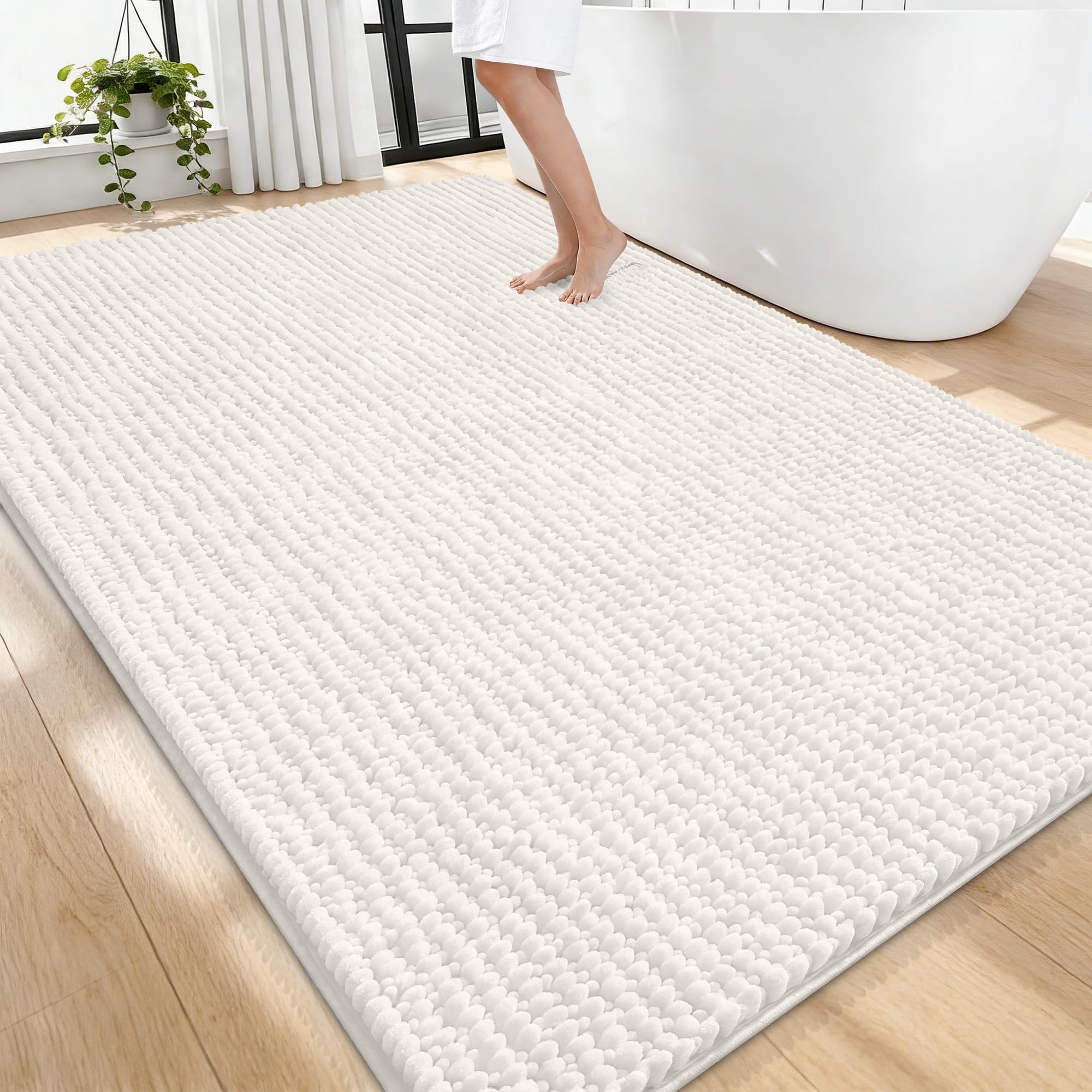 OLANLY Thick Chenille Large Bathroom Rugs 70x46, Absorbent Bath Mat, Ivory